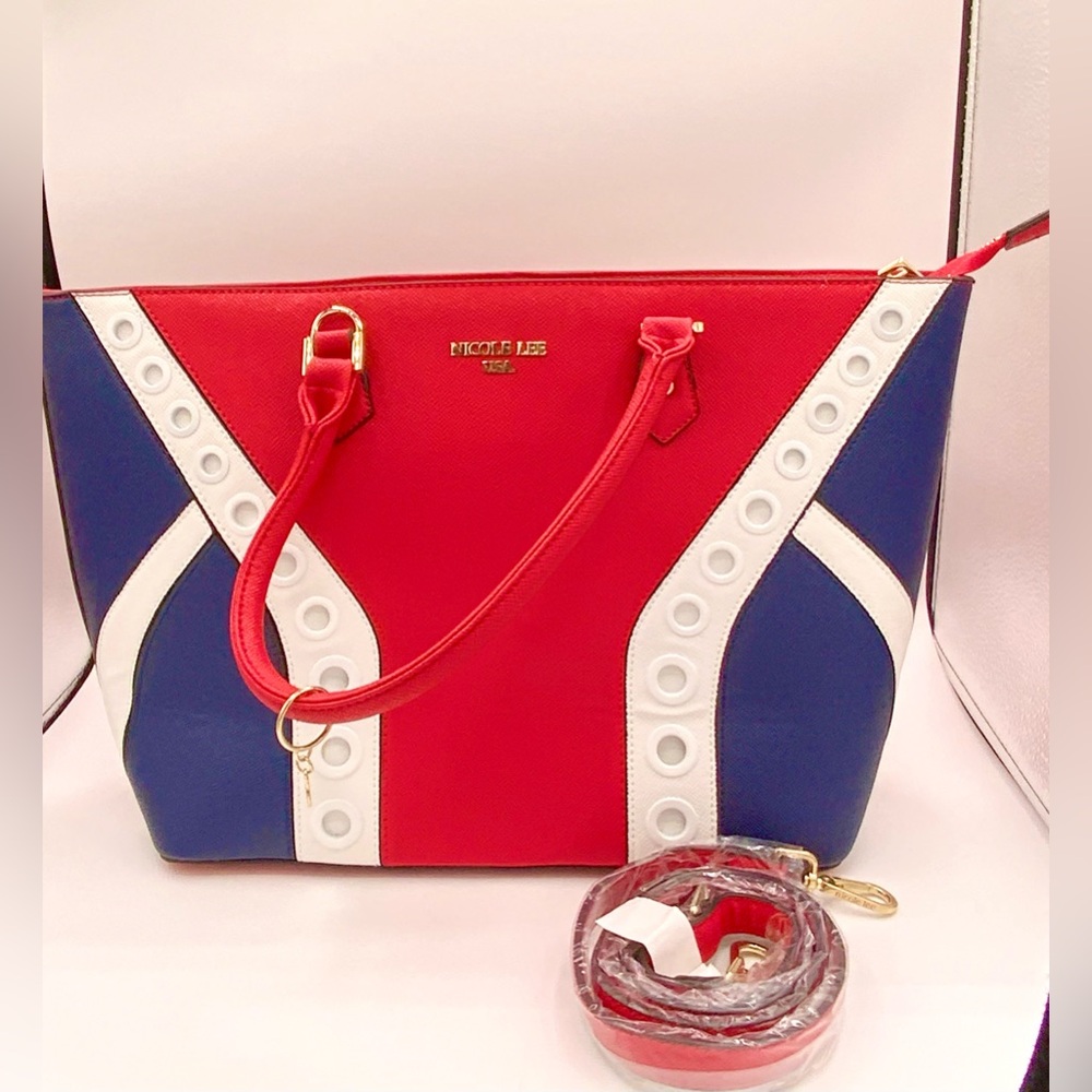 Nicole Lee Red/White/Blue Tote | Gold Hardware + Dust Bag